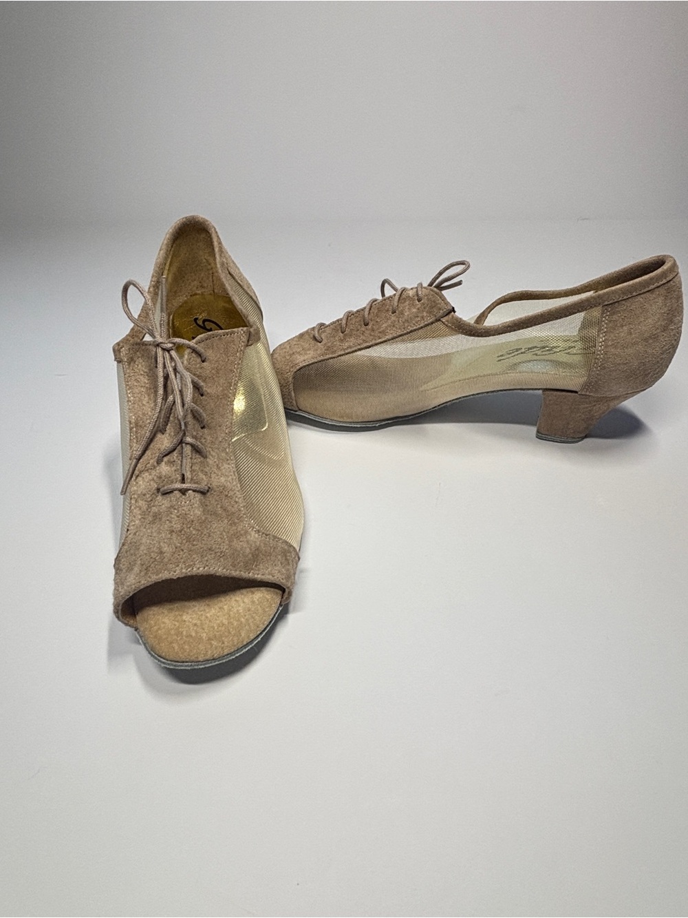 5.5 Glide USA Ballroom Dance Shoes Women Taupe Suede Mesh Lace Up Open Toe